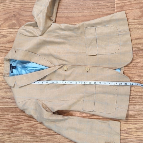 Linen-wool blend two-button blazer, tan w/ blue windowpane pattern, Lands' End 6 - Picture 3 of 6